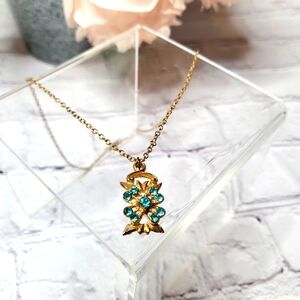 Vintage Costume Jewelry Necklace Gold Tone with Turquoise Rhinestones